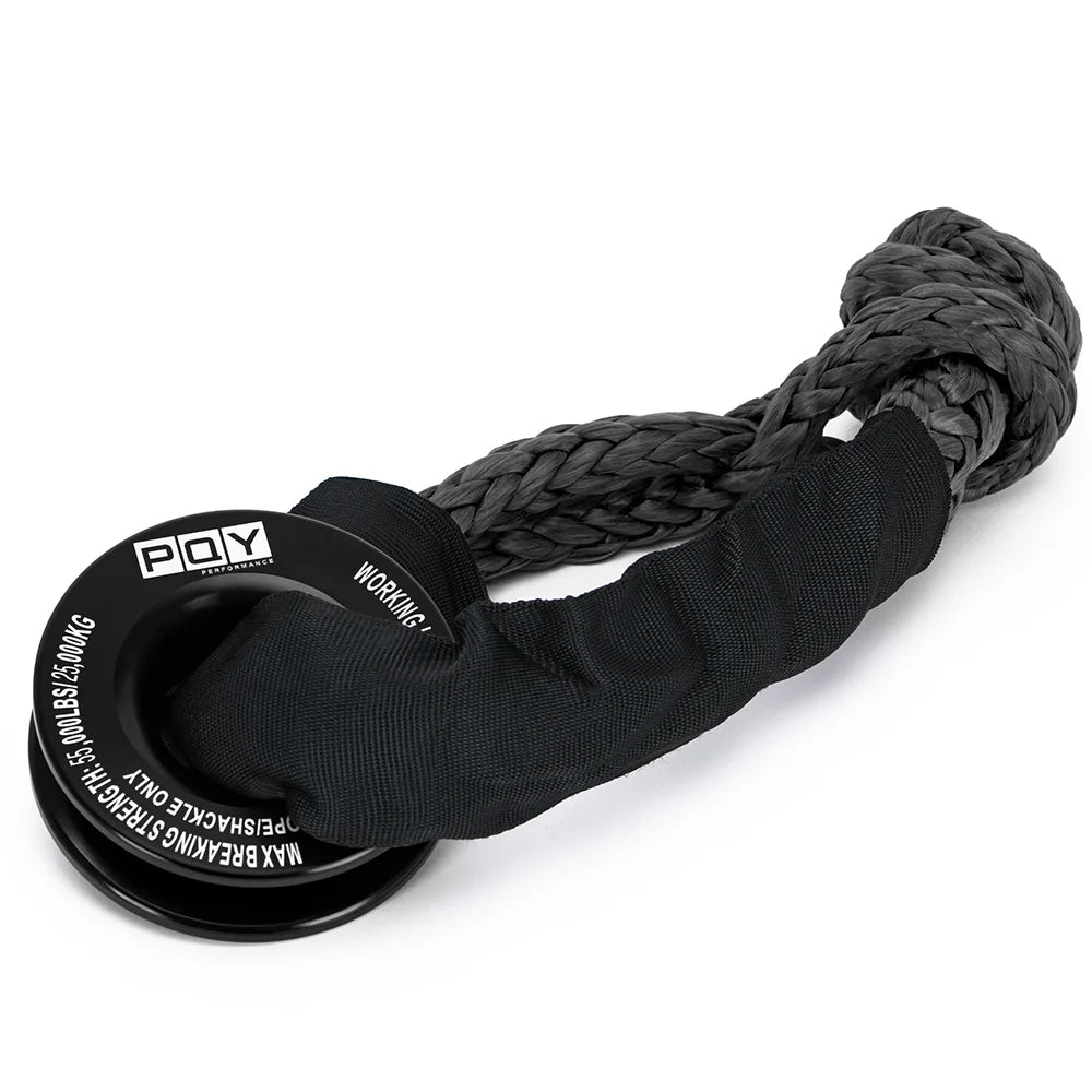 Black synthetic winch rope and recovery ring set with a protective sleeve