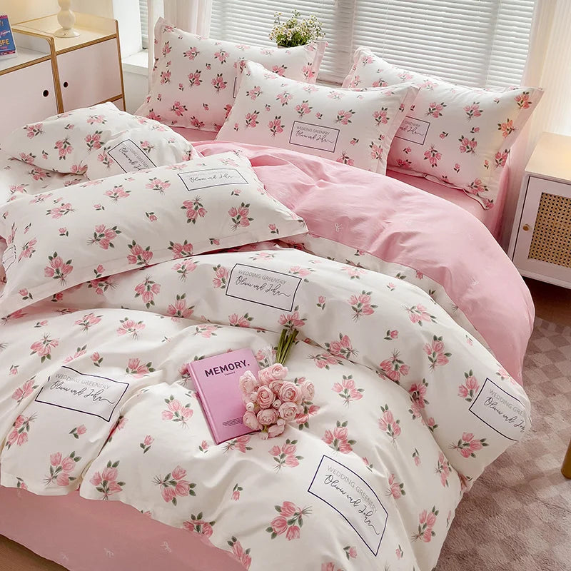 Floral Print 100% Cotton Duvet Cover Set with Two Pillow Shams