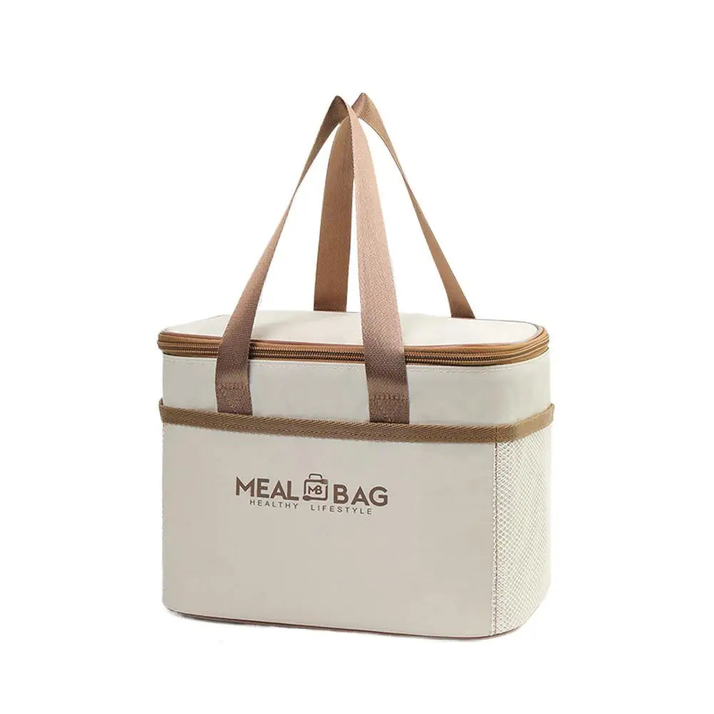 A beige insulated lunch bag with brown straps and a tan lining.