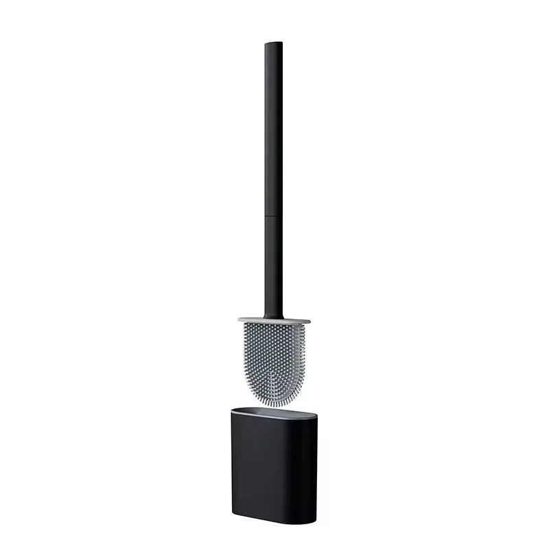 A wall-mounted toilet brush set featuring a long handle and a silicone cleaning head.