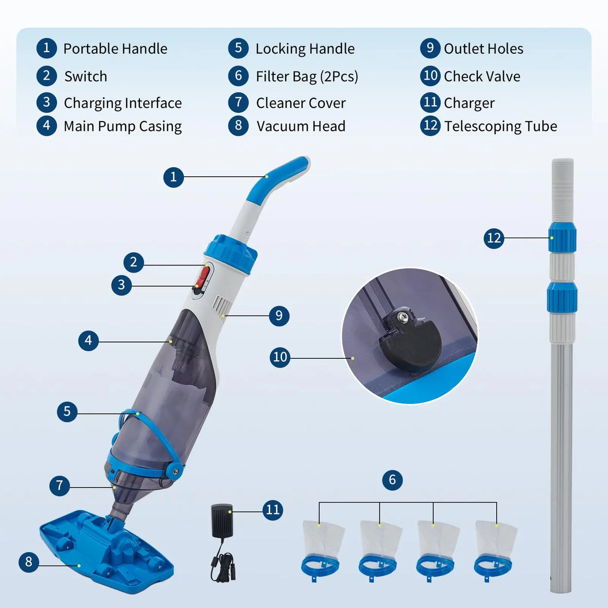 Cordless Handheld Pool Vacuum with Telescopic Pole