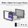 Clear plastic shoe storage box with a mesh front door showing various shoes and measuring tools.