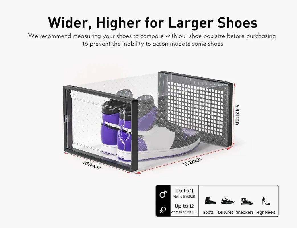 Clear plastic shoe storage box with a mesh front door showing various shoes and measuring tools.