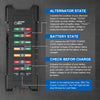 A battery tester device showing various LED indicators for alternator and battery states, including full, good, middle, low, 