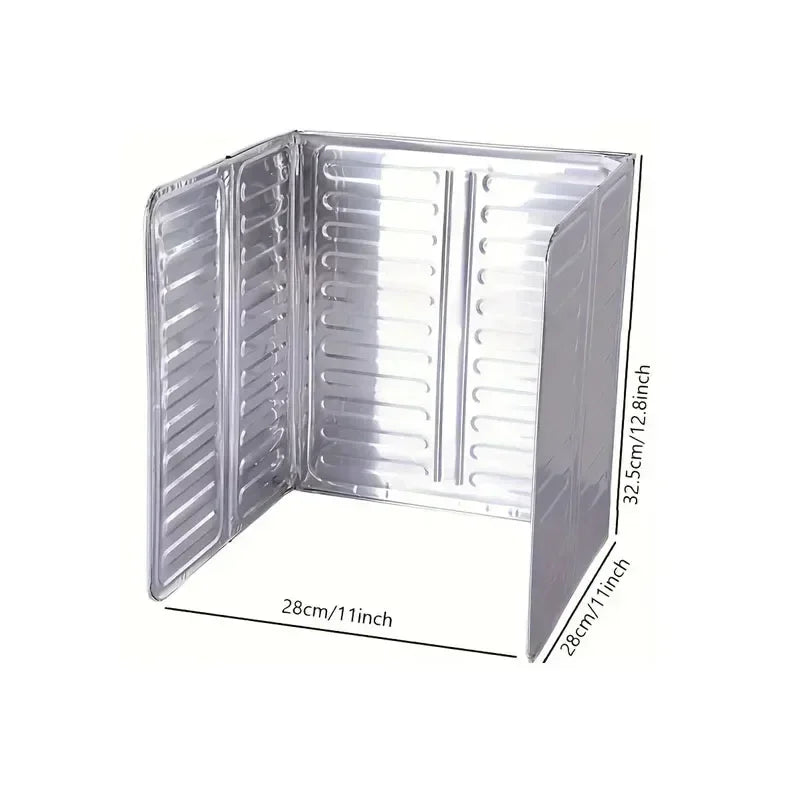 Foldable aluminum stove splatter guard with a clear plastic cover shown in an open view
