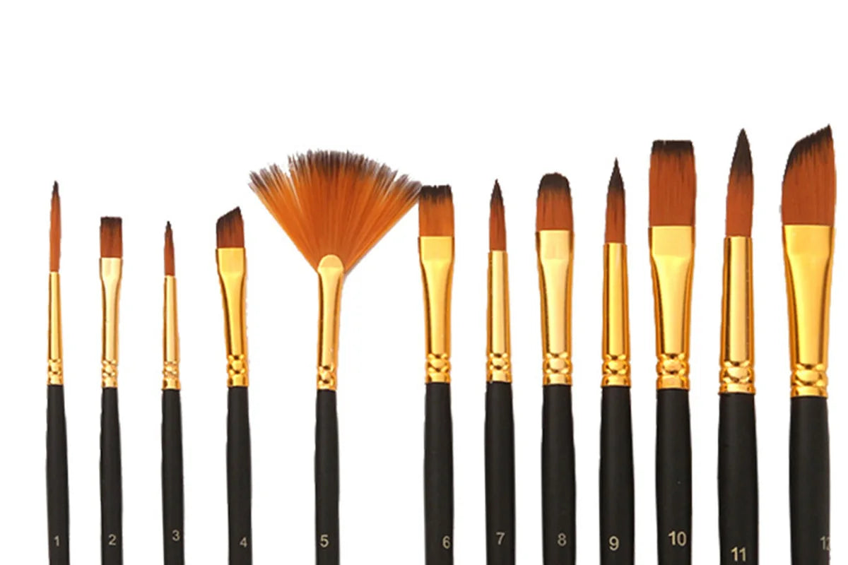A collection of twelve paint brushes with varying sizes and shapes, including flat and round brushes.