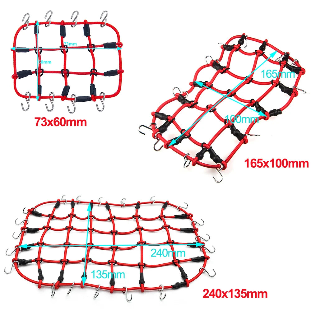 Three examples of elastic roof rack luggage nets for RC crawlers showing different dimensions and configurations.