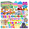 A colorful party pack of sensory fidget toys and stickers for kids including pop-it toys, squishy balls, and various small it