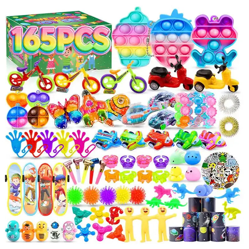 A colorful party pack of sensory fidget toys and stickers for kids including pop-it toys, squishy balls, and various small it