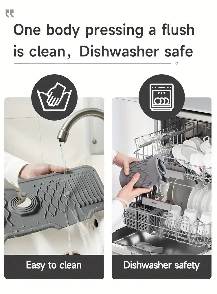A hand is pouring water over a non-slip silicone kitchen sink mat with a drain tray, demonstrating easy cleaning.