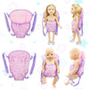A collection of pink and purple doll carriers or backpacks for dolls, shown in various styles and sizes.