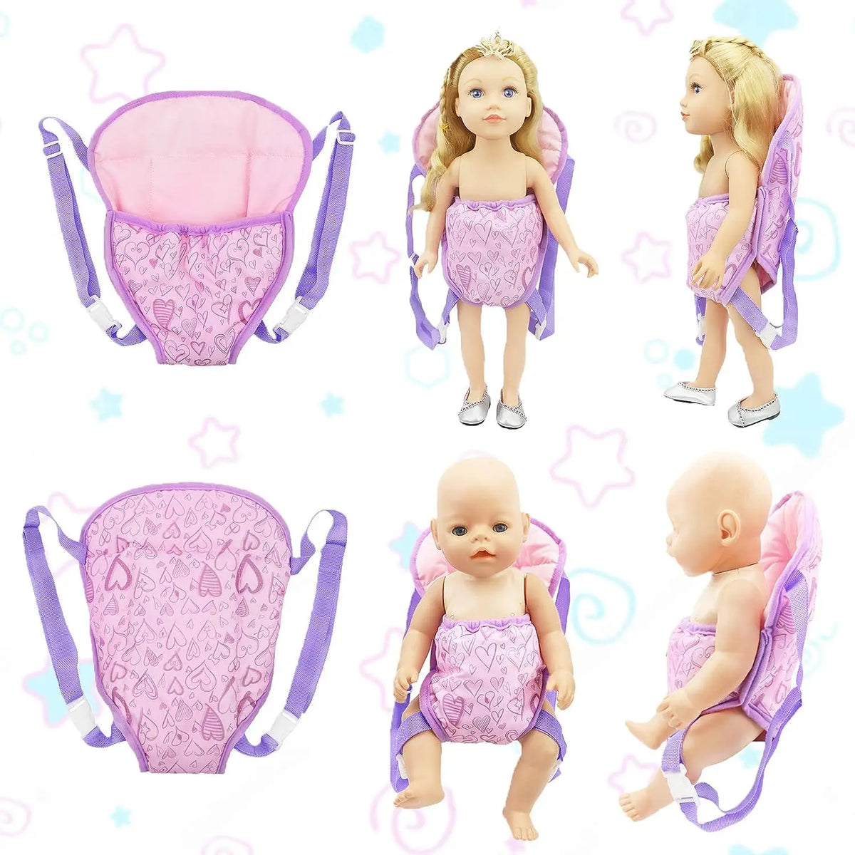 A collection of pink and purple doll carriers or backpacks for dolls, shown in various styles and sizes.