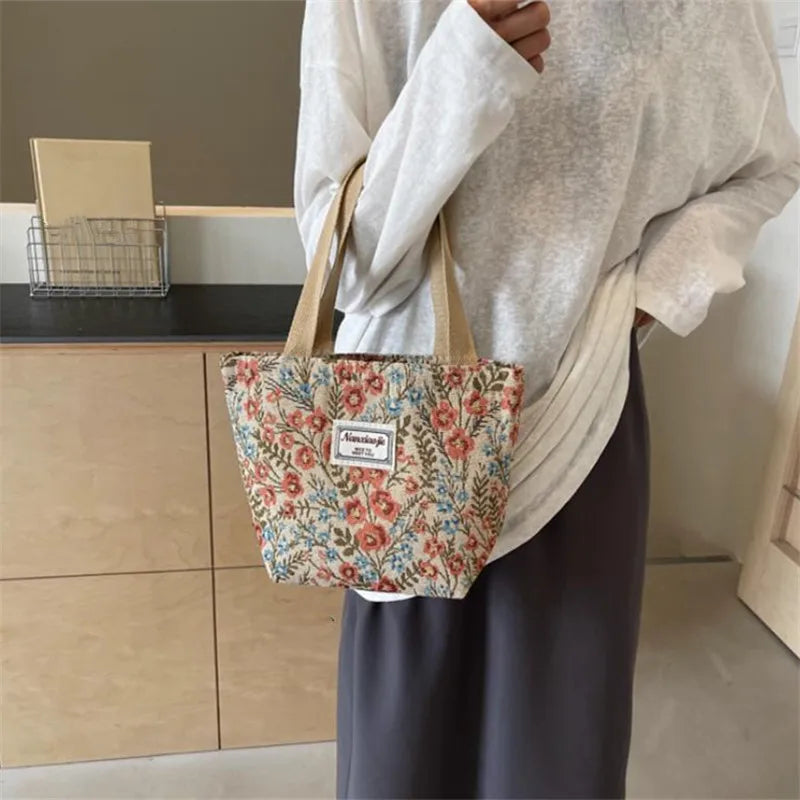 Floral Embroidery Canvas Tote Bag