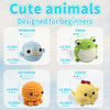 A collection of beginner crochet animal kits including a penguin, frog, octopus, and chick.