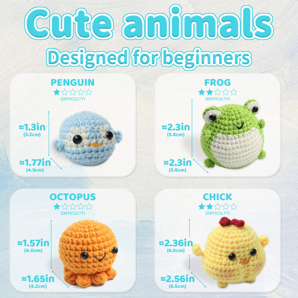 A collection of beginner crochet animal kits including a penguin, frog, octopus, and chick.