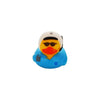 A bright blue rubber duck bath toy with a yellow face design for kids