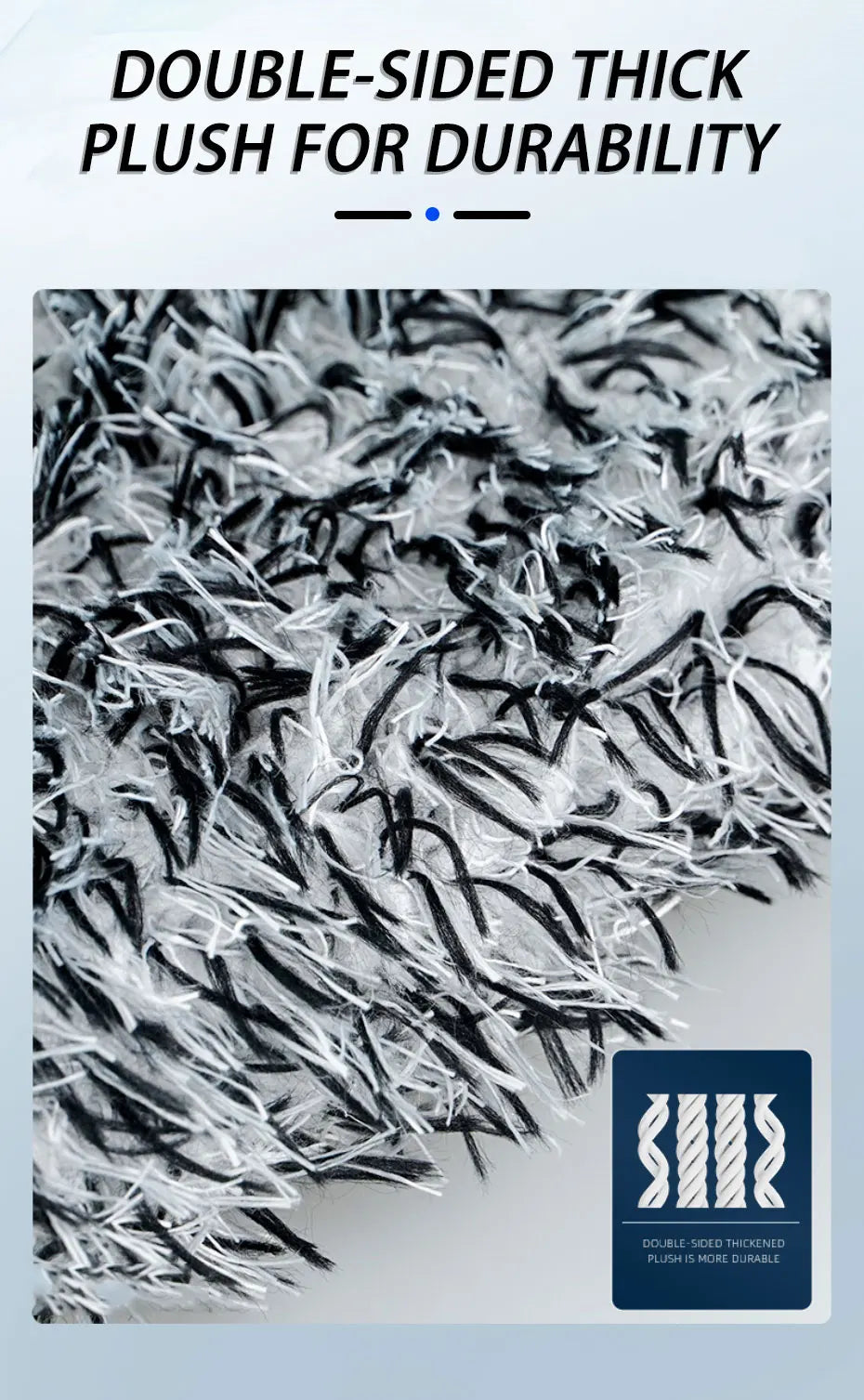Close-up of a double-sided thick plush cleaning brush set with black and white fibers.