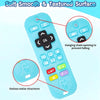 A light blue silicone teething remote showing various molar structures and a hanging chain opening.