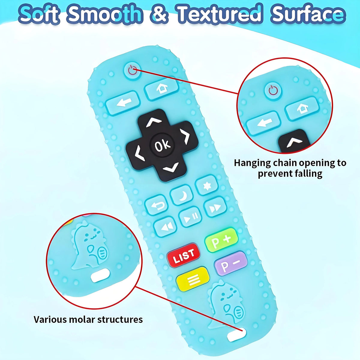 A light blue silicone teething remote showing various molar structures and a hanging chain opening.
