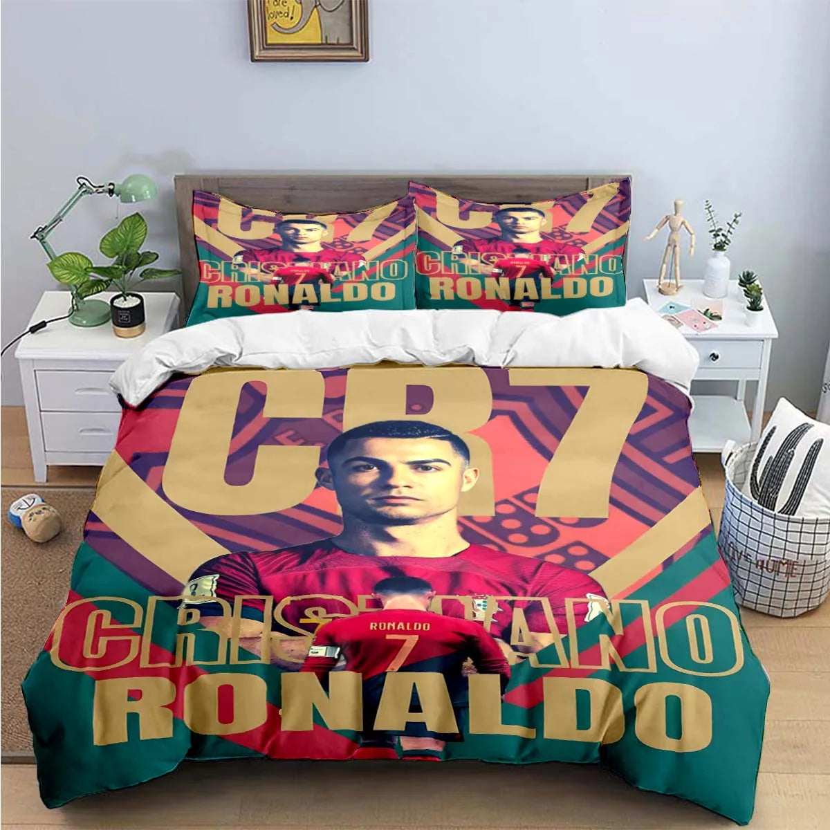 A soccer star themed duvet cover set featuring Cristiano Ronaldo graphics and colors.