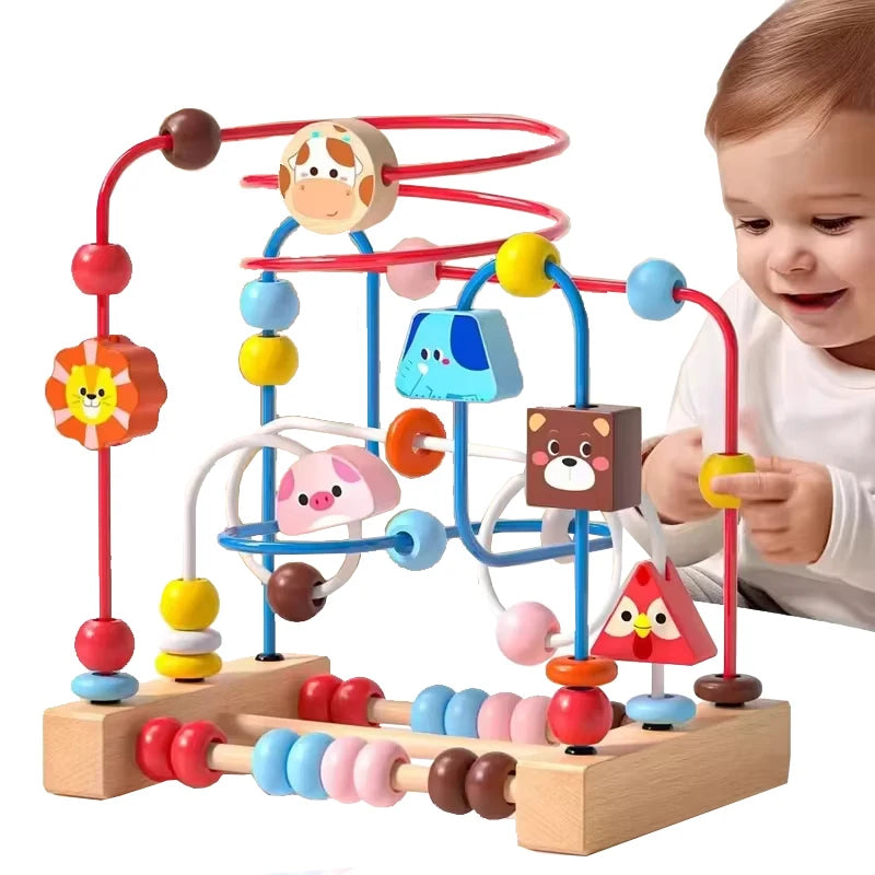 A wooden bead maze toy with colorful beads and a wooden base is being played with by a toddler.