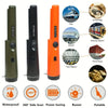 An orange handheld metal detector with various features including waterproof rating, 360-degree scan, power saving, buzzer, a