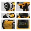 A set of yellow and black cordless impact drivers and drill bits for a 20V brushless tool kit.