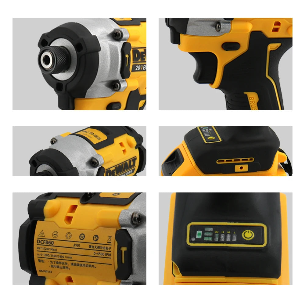 A set of yellow and black cordless impact drivers and drill bits for a 20V brushless tool kit.