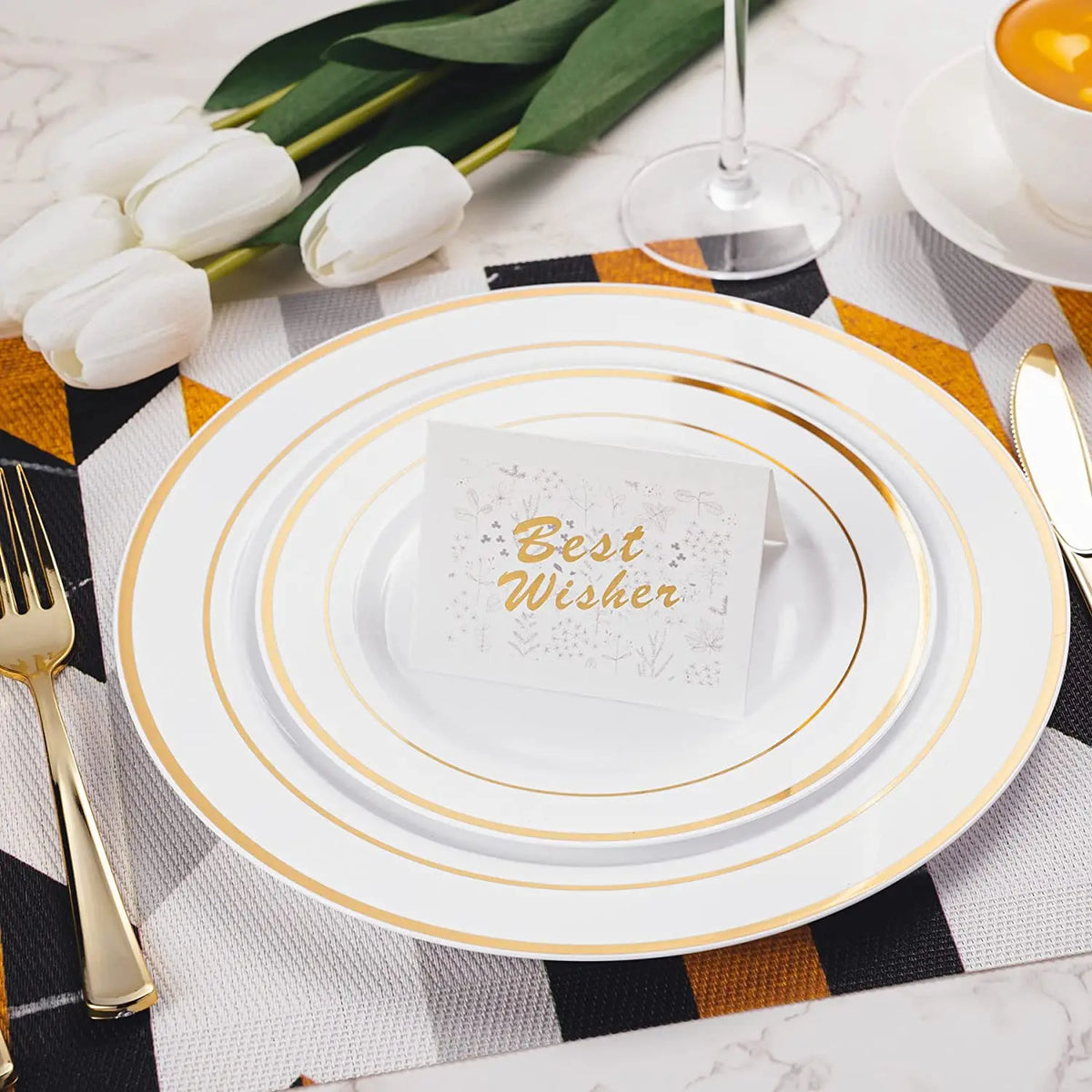 Elegant White Plastic Plates with Gold Rim