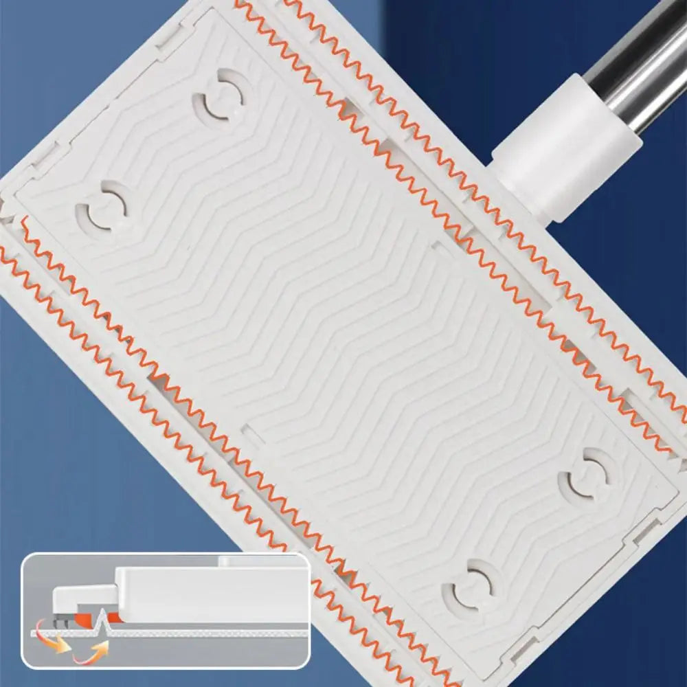 A flat mop with rotating hands-free mechanism and reusable cloth is shown in a white and pink striped pattern.