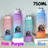 A set of three 750ml portable sports water bottles in pink, purple, and blue colors.