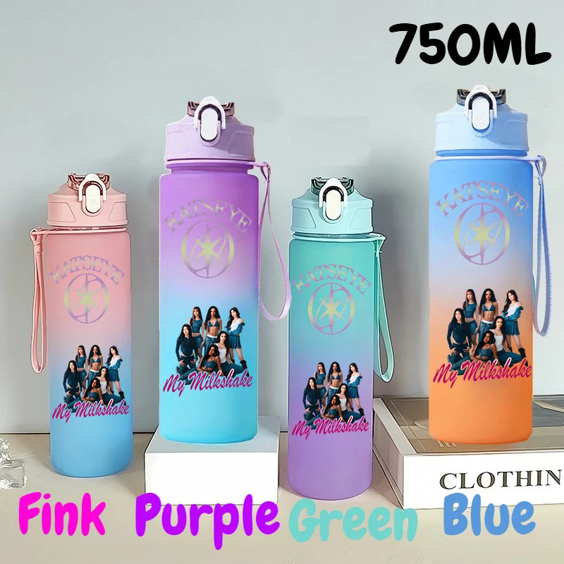 A set of three 750ml portable sports water bottles in pink, purple, and blue colors.