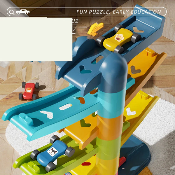 Helles blaues und gelbes Kinder-Gliding-Track-Auto-Rutschespielzeug auf einem Holzfußboden.