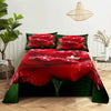 Red rose 3D digital print bedding set featuring large red roses on a dark green background