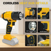 Yellow cordless heat gun with various details including a head, button, and light working on a wooden surface.