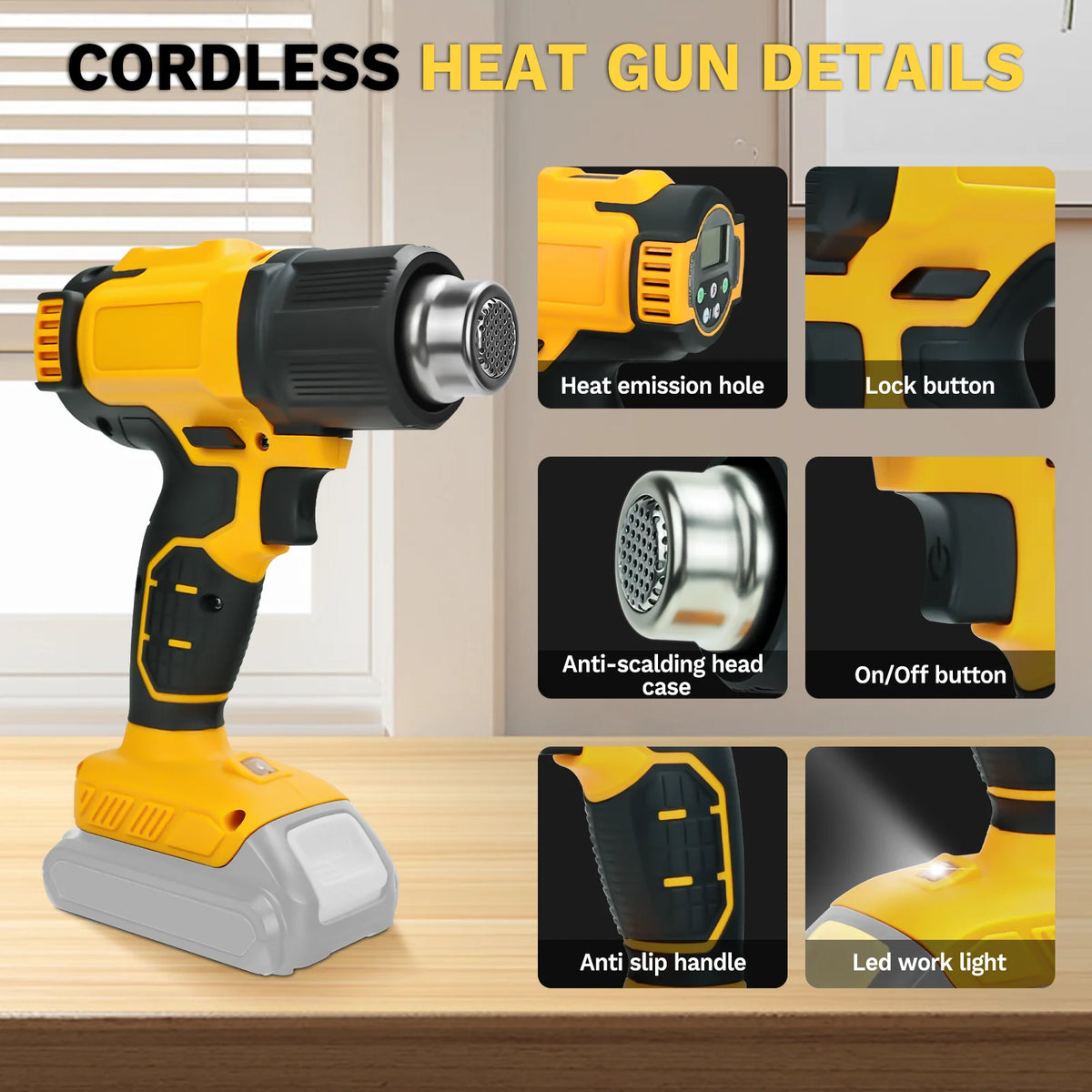 Yellow cordless heat gun with various details including a head, button, and light working on a wooden surface.