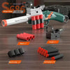 A white green Mini S686 rifle toy gun is shown with various components including shells, a scope, and soft bullets.