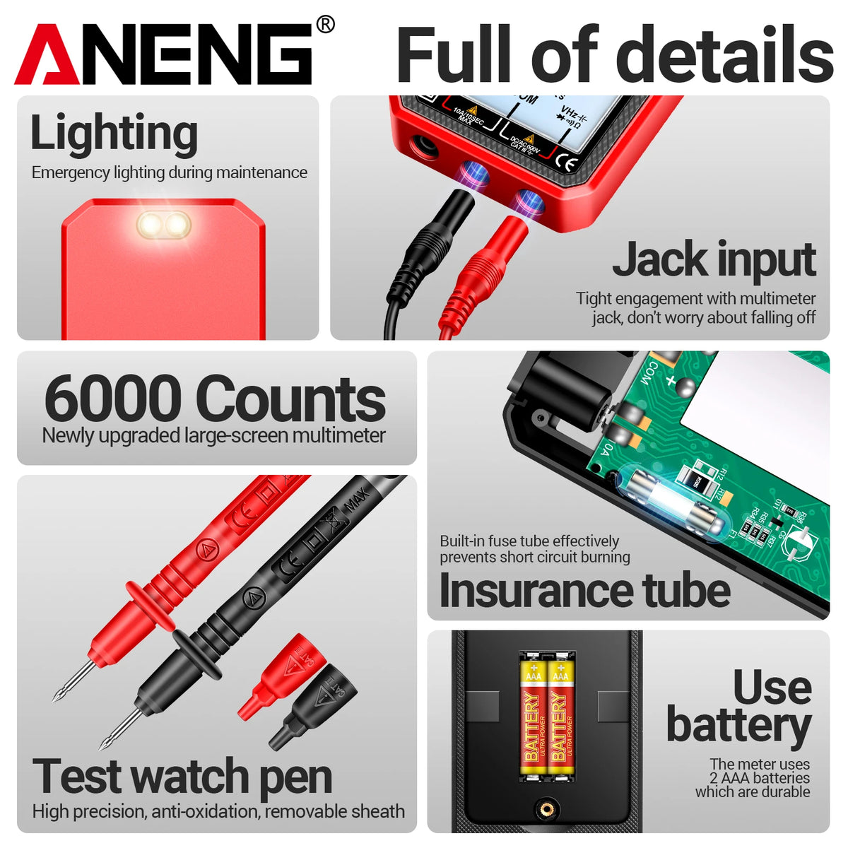 A digital multimeter with a red casing, showing various features like emergency lighting, a jack input, 6000 counts display, 