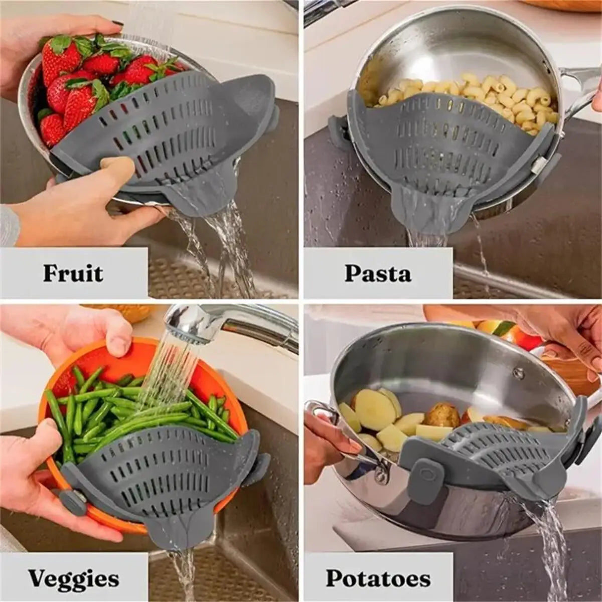 Four images showing an adjustable clip-on pot strainer used for draining fruit, pasta, veggies, and potatoes.
