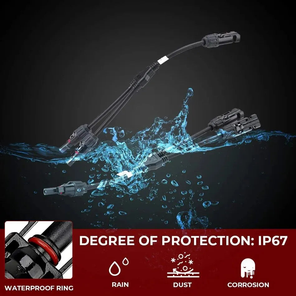 A set of Y-Branch parallel solar panel connectors demonstrating IP67 waterproof protection against rain, dust, and corrosion.