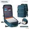 A teal nylon travel backpack shown open, displaying various internal compartments and separate shoe storage.