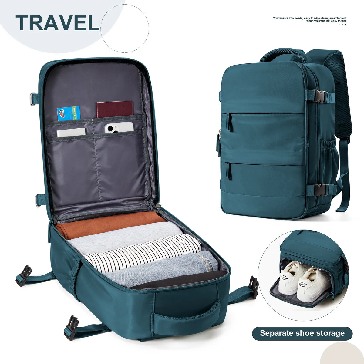 A teal nylon travel backpack shown open, displaying various internal compartments and separate shoe storage.