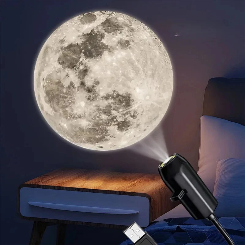 A glowing moon projection light illuminates a room, casting star patterns onto a dark wall.