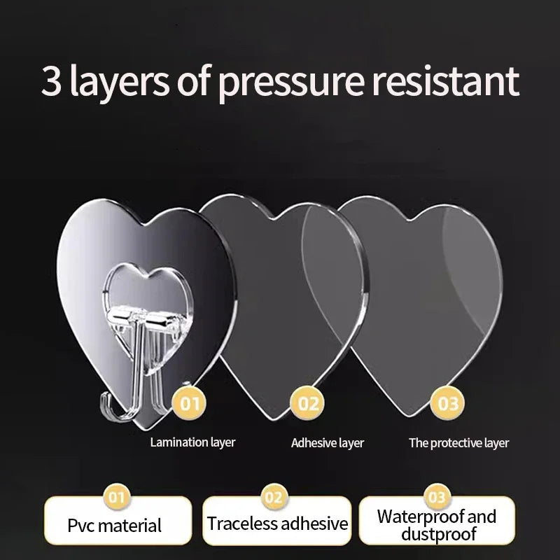 Heart-Shaped Self-Adhesive Hooks (Set of 6) – No-Drill, Multi-Purpose Transparent Hangers