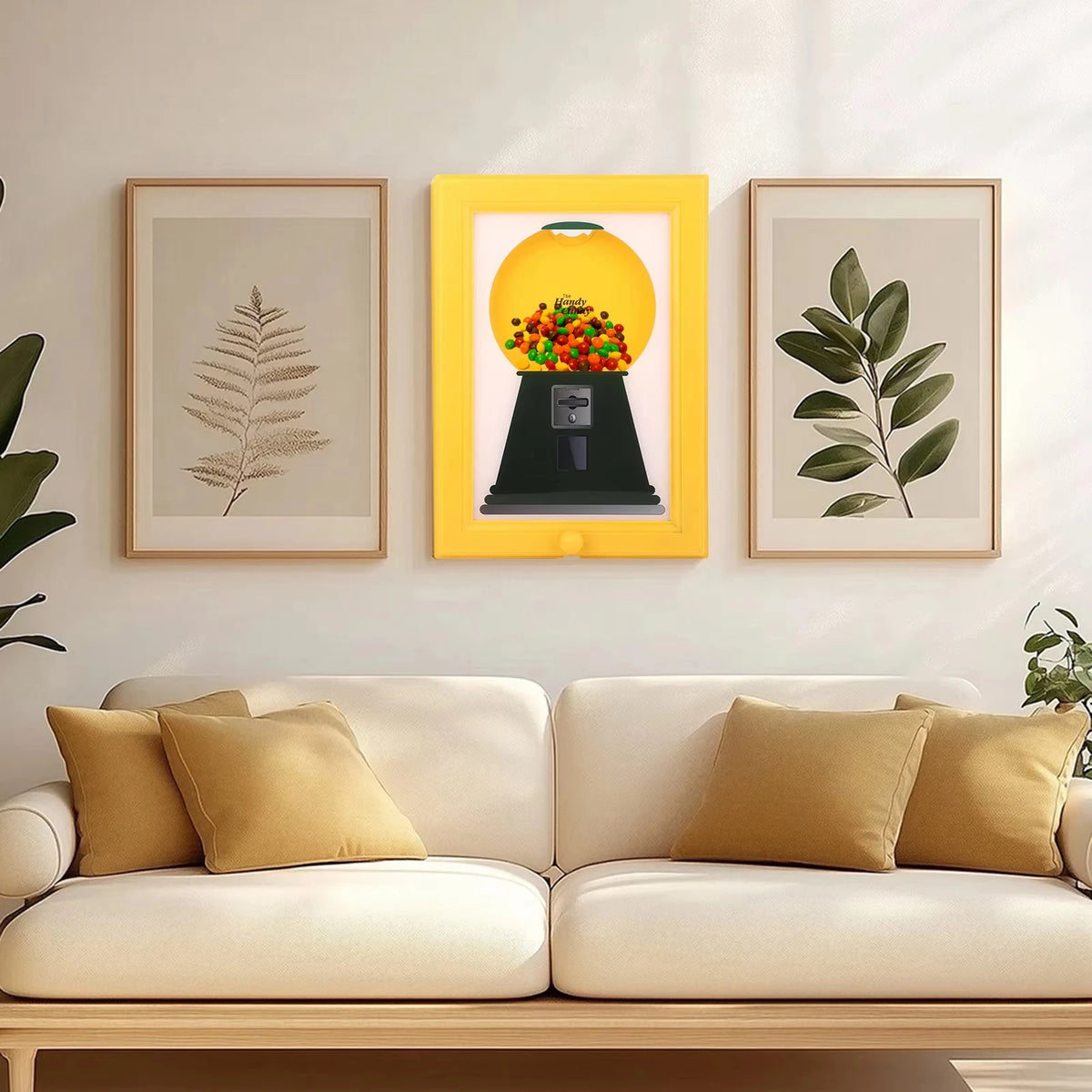 A vintage rotating candy display frame with a yellow background and a dust cover is displayed on a wooden shelf.