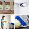 A blue extendable ceiling fan duster with a long handle and cleaning attachments is shown next to a globe.