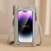 A light gray hands-free crossbody phone bag with a clear window displaying a smartphone.