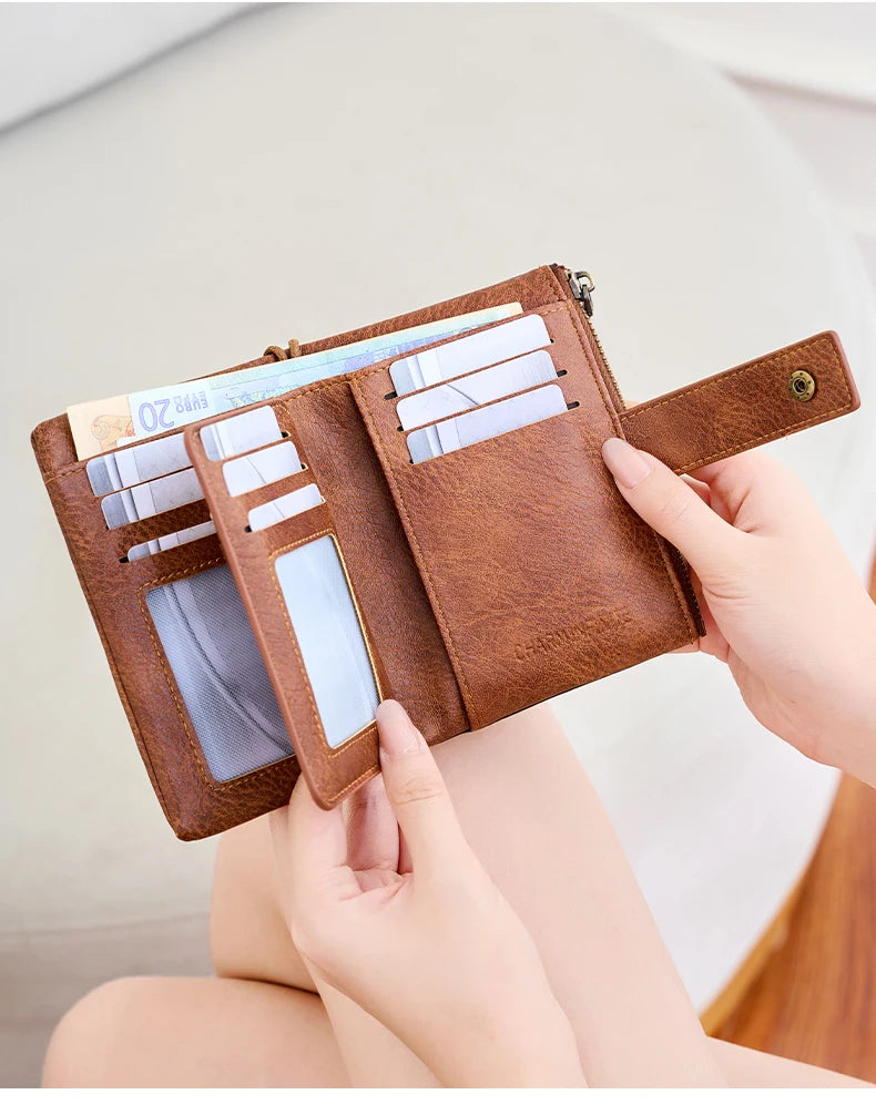 Vintage RFID-Blocking Triple-Fold Wallet with Double Zipper