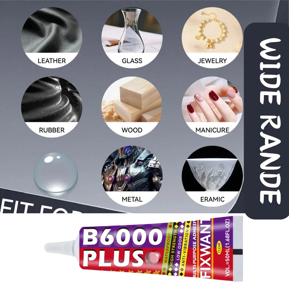 A tube of B6000 PLUS clear multi-surface adhesive epoxy glue for various materials like jewelry, plastic, metal, and wood.