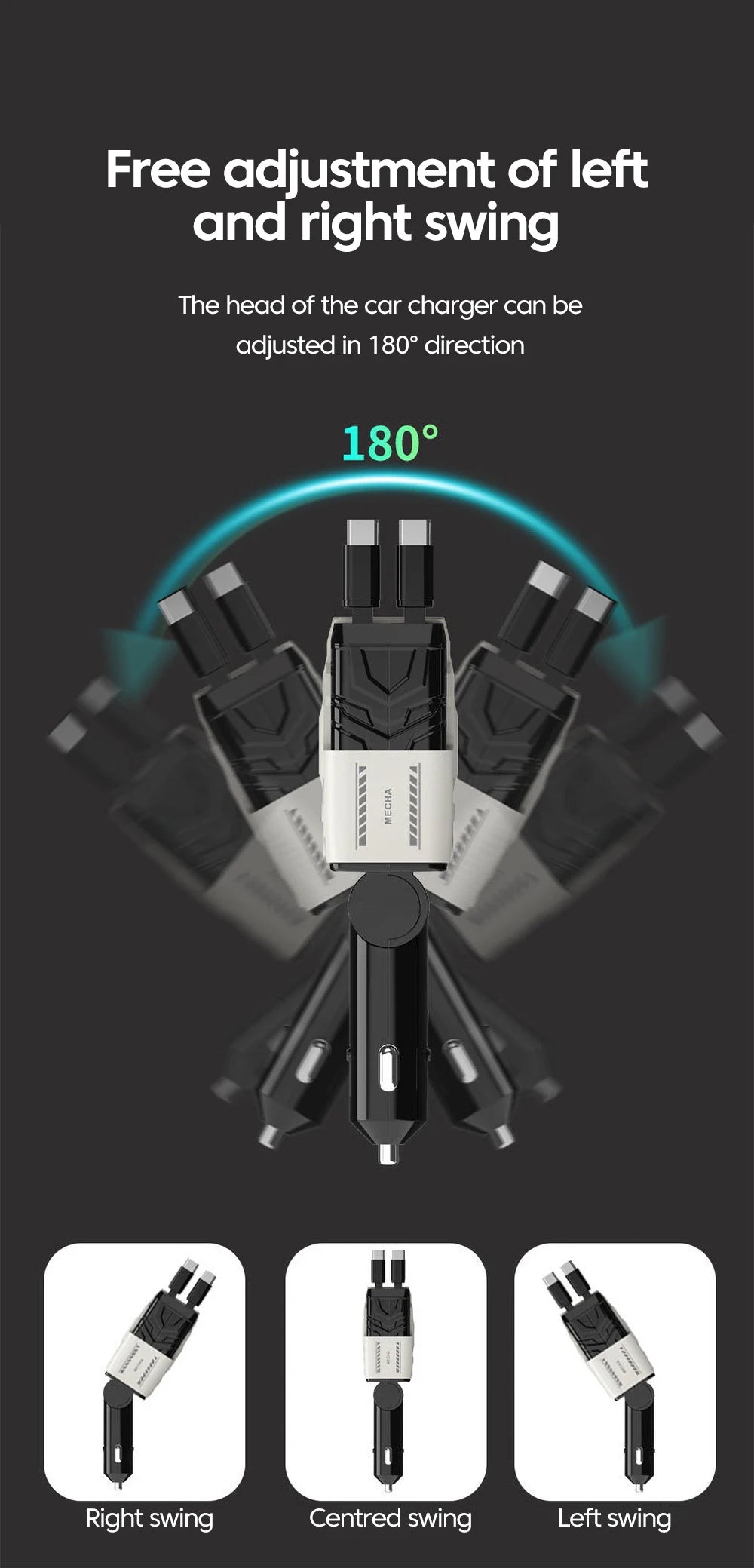 A car charger with an adjustable head, showing right swing, centred swing, and left swing directions.